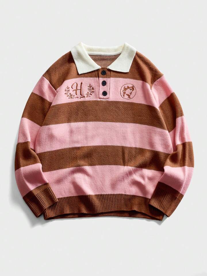 Men's Preppy Striped Embroidered Knit Sweater With Collar