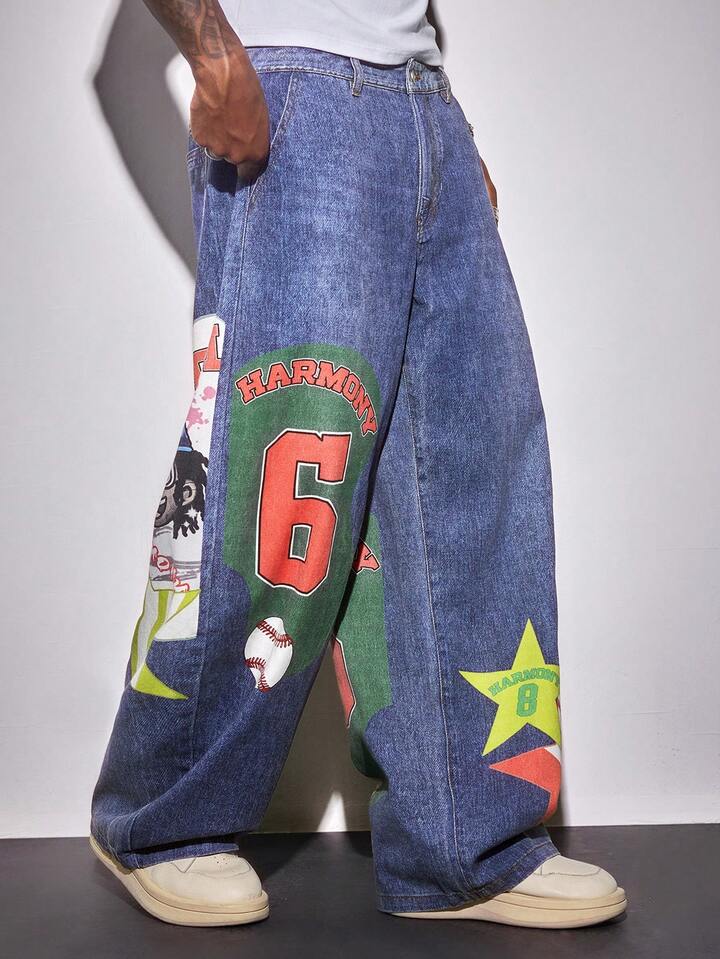 Street Life Men's Numeric Print Pocket Wide Leg Loose Relaxed Fit Flared Jeans