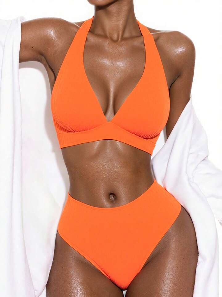Solid Color Sexy Bikini Set, Special Fabric For Beach & Vacation
