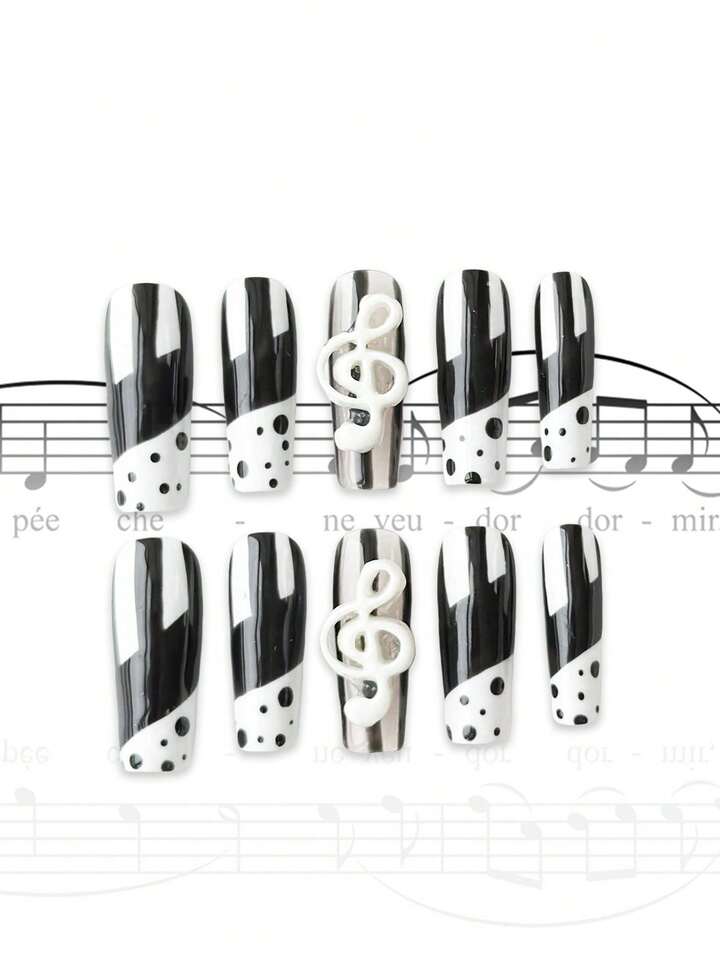Kawaii 10pcs Cute Wing, Music Note, Star Lace Edged Polka Dot Handpainted High-Quality False Nails + 3pcs Double-Sided Adhesive, Removable & Reusable Coffin Shaped Fake Nails, Bowknot Element Nail Stickers, Suitable For Holidays, Parties, Dancing And Daily Wear