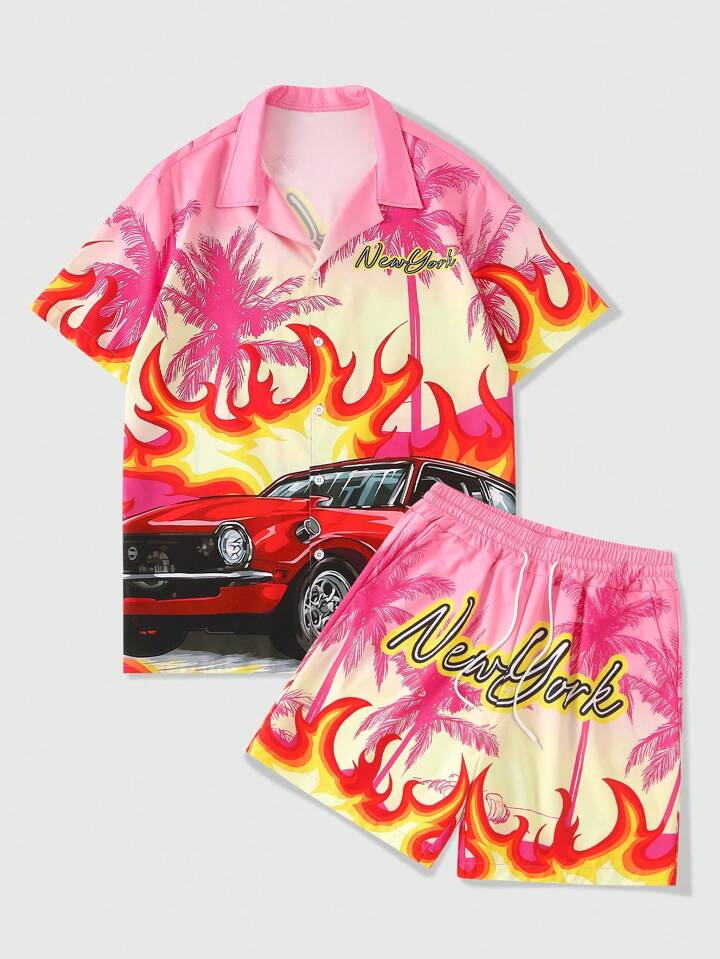 Casual Men's Racing Car & Flame Print Front Button Short Sleeve Shirt And Drawstring Waist Shorts Set, Vacation