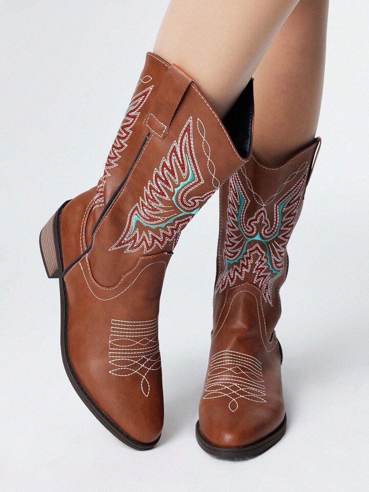 Fairycore 2025 Fashion Thin Maillard Cowboy Boots, Western Boots With Embroidery, Chunky Heel Mid-Calf Cowgirl Boots For Spring/Autumn