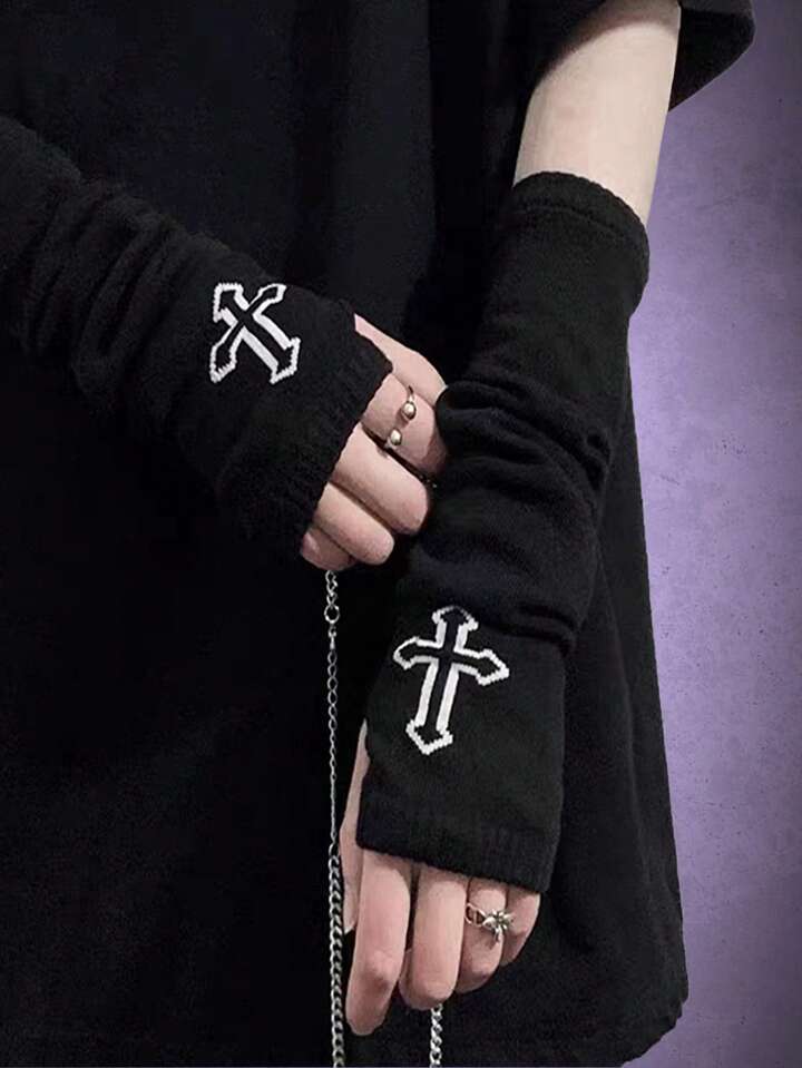 Goth 1pair Women Cross Pattern Fingerless Gloves For Dailyy2k