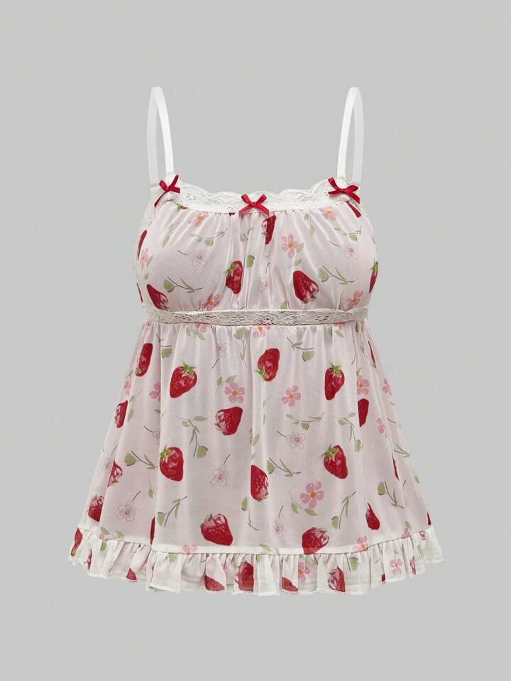 Kawaii Women Strawberry Print Contrast Lace Vacation Style Spring/Summer Babydoll Cami Top, School