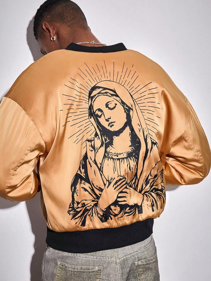 Street Life Men's Bright Color Virgin Mary Graphic Zip-Up Baseball Collar Winter Jacket