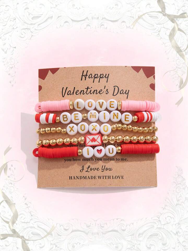 Kawaii 5pcs Romantic Valentine's Day Bracelet Set, LOVE/XOXO Beaded Elastic Bracelets, Gift For Family, Friends, Classmates, Lovers, Holiday