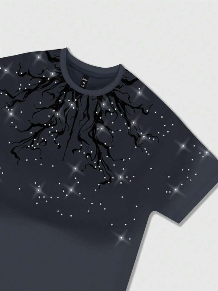 Men's Street Life Rhinestone Print Short Sleeve T-Shirt, Rave