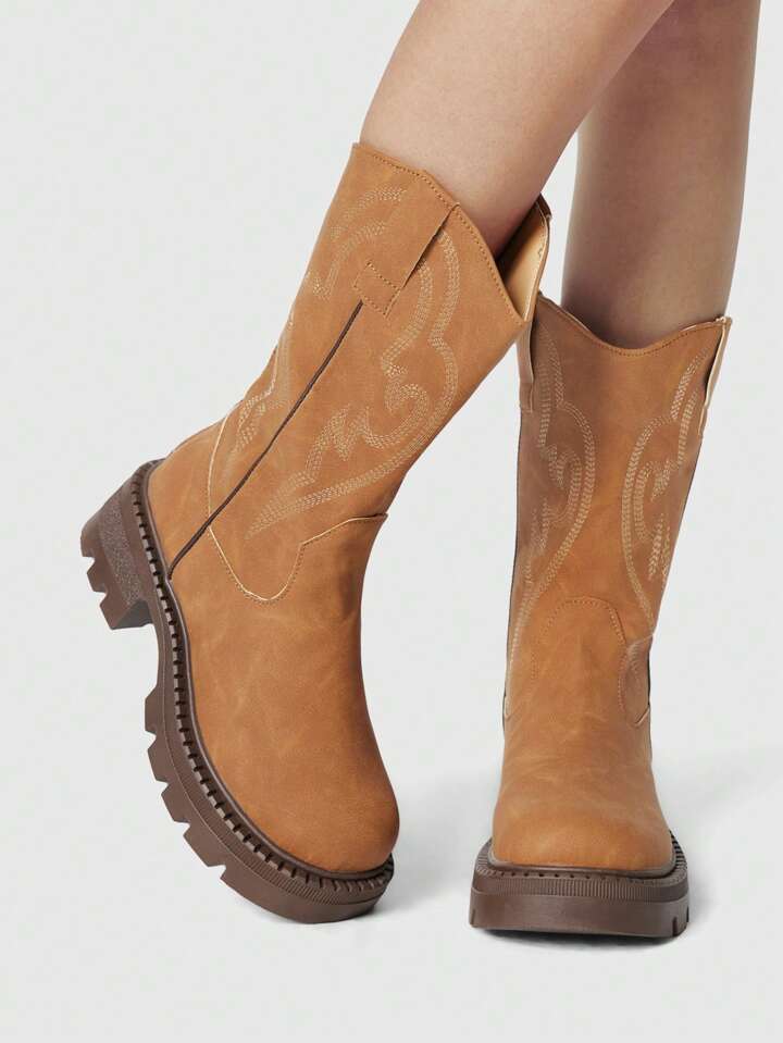 Fairycore Women Fashion Boots Thick-Soled Retro Mid-Calf Boots Cowboy Boots Western Autumn And Winter Thick-Soled Vacation Travel Leisure Daily Wear Women Boots Cowgirl Boots