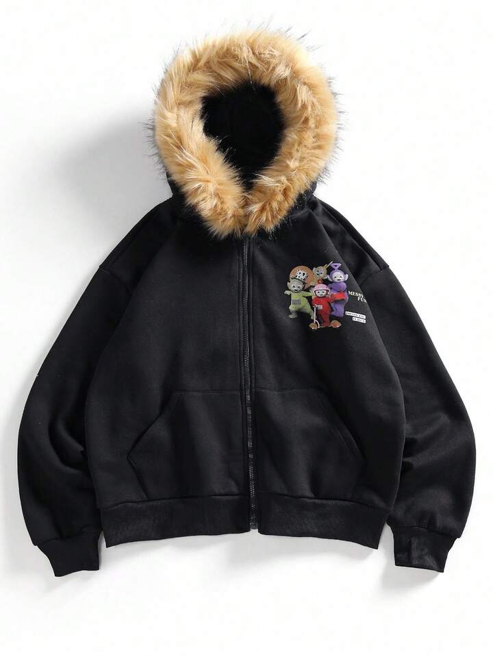 Teletubbies X ROMWE Men Street Cute Cartoon & Letter Graphic Furry Trim Hoodie, Long Sleeve Top