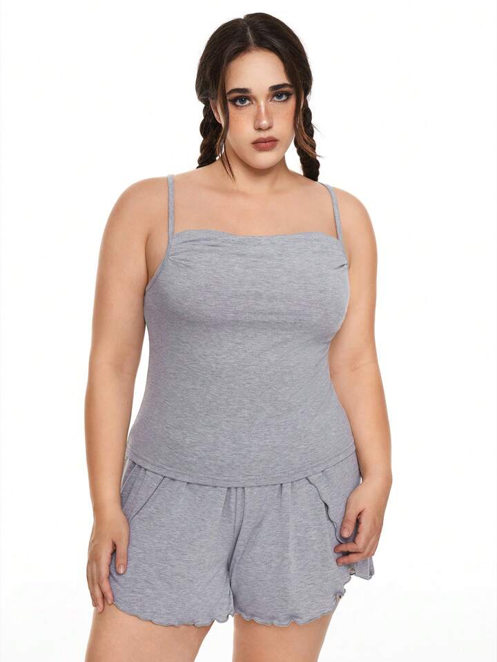 Anime Plus Size Comfortable Modal Home Clothing Set, With Spaghetti Straps, Backless Cross-Cross Top And Ruffled Casual Shorts