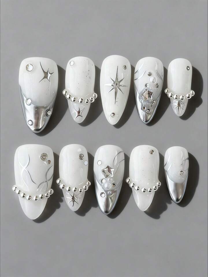 Kawaii 10 Punk Style Star Element Fake Nail Pieces + 3 Double-Sided Tape, Y2K Hand-Painted Silver French Tip Fake Nails, High-Quality Diamond, Removable Medium Almond-Shaped Wearing Armor, Suitable For Parties, Dances And Daily Wear.