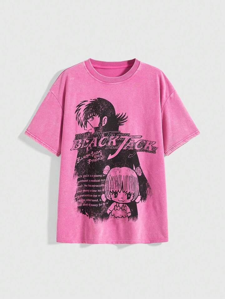 Black Jack X ROMWE Women's Casual Fashionable Punk Street Anime Character & Slogan Print Oversized Washed T-Shirt, Summer