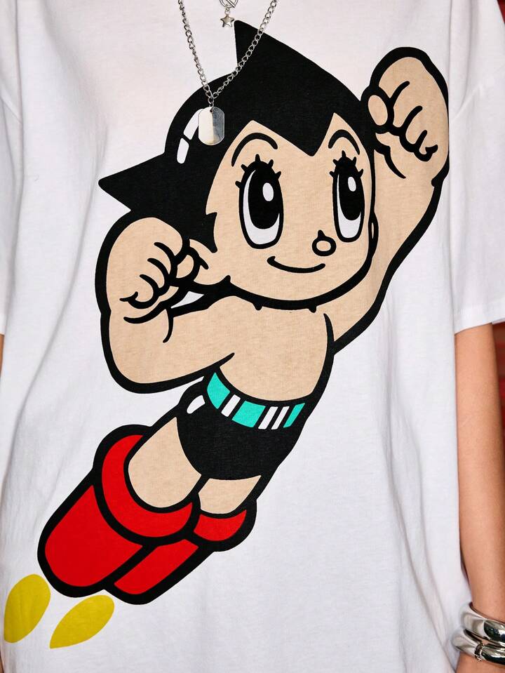 Astro Boy X ROMWE Casual Street Cartoon Figure Graphic Loose Fit Round Neck T-Shirt