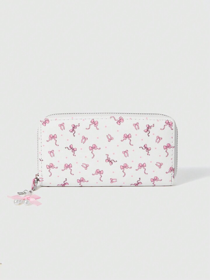 Kawaii 1pc Cute Polka Dot Bow Design Women Long Wallet With Zipper Coin Purse