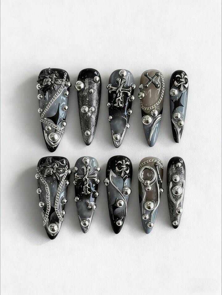 Grunge Punk 10 Y 2 K Style Cross Spider Chain Silver Beads Hand-Painted High-Quality Fake Nail Pieces + 3 Double-Sided Tape, Removable And Reusable Gradual Change Contrasting Color Hand-Painted Long Almond-Shaped Wearing Armor, Suitable For Holiday Parties, Dances And Daily Wear.