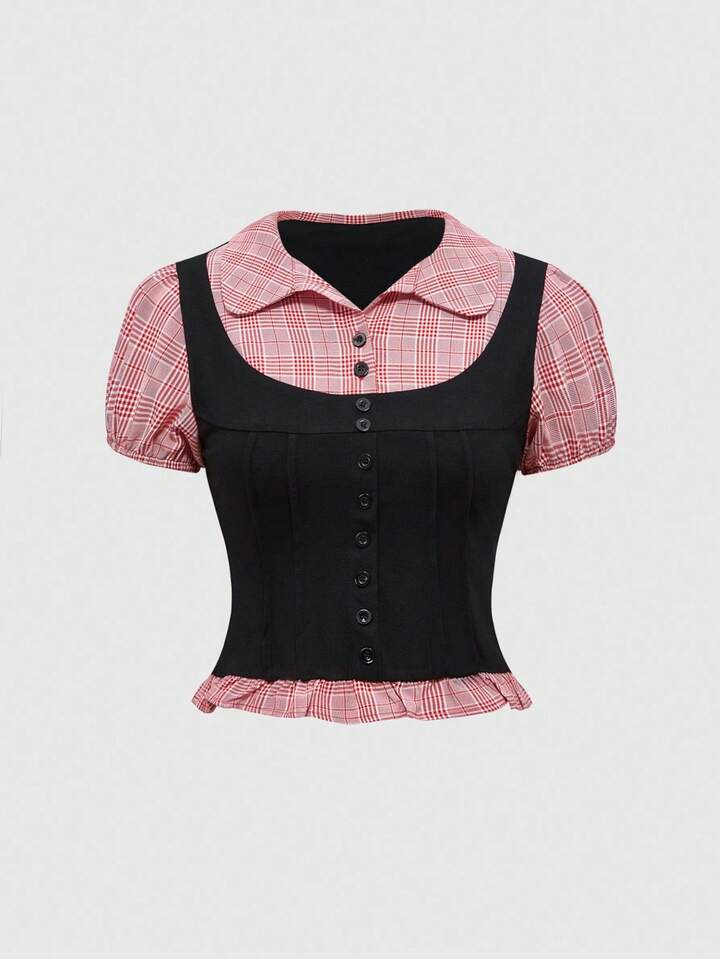 Academia Collegiate Style 2 In 1 Black & Gray Plaid Patchwork Short Sleeve Women Shirt