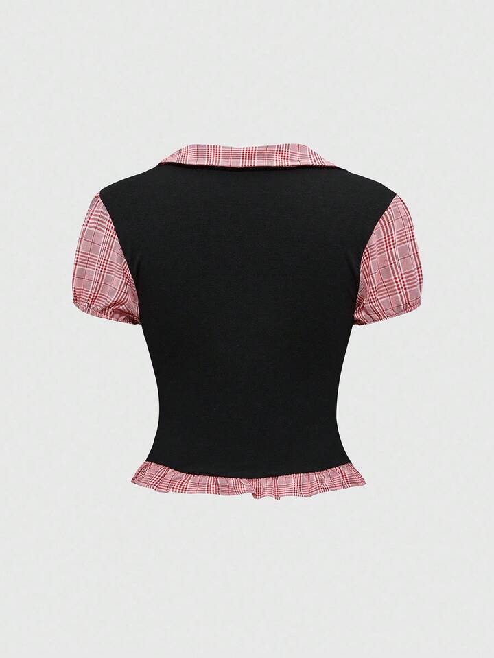 Academia Collegiate Style 2 In 1 Black & Gray Plaid Patchwork Short Sleeve Women Shirt