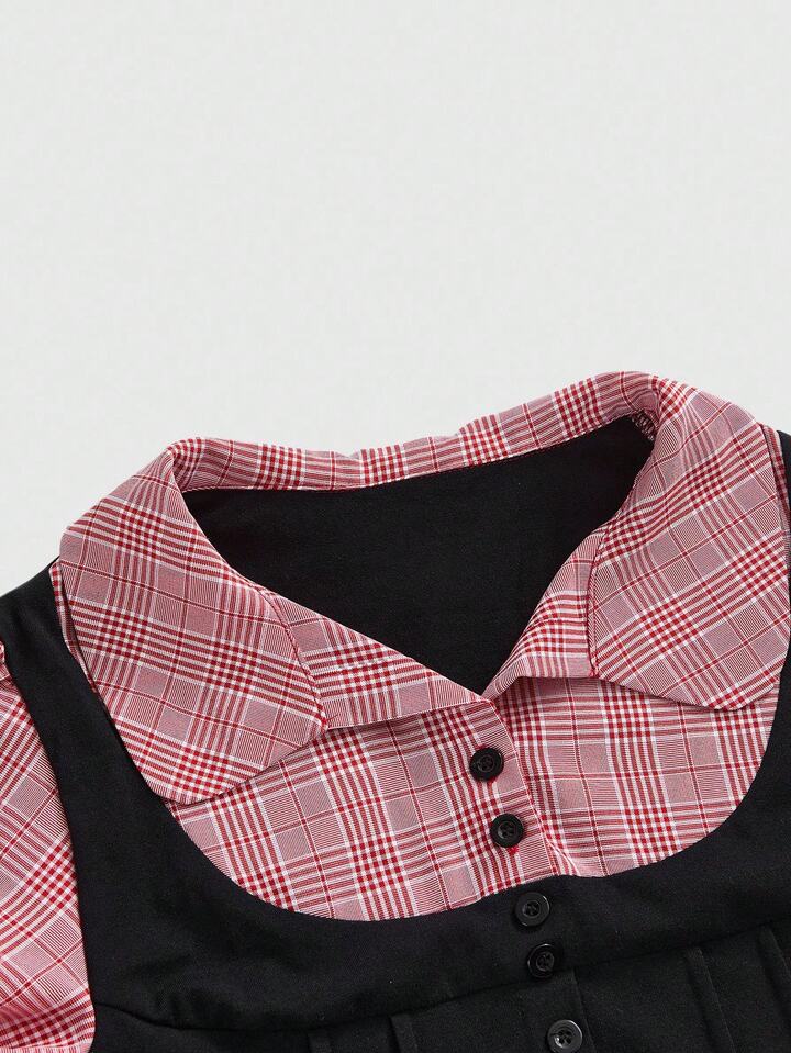 Academia Collegiate Style 2 In 1 Black & Gray Plaid Patchwork Short Sleeve Women Shirt