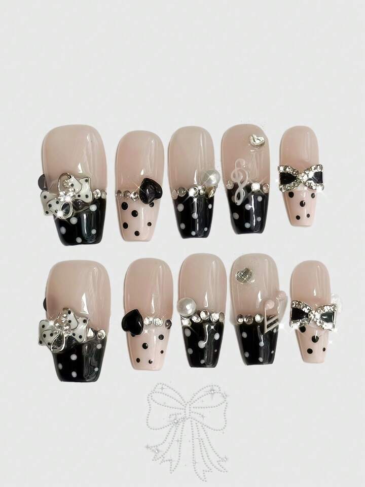 Kawaii Cute Kitty Paw, Romantic Heart, Ballerina Bow, White Wing, Metal Cross Decorated Handmade False Nails, Mass-Produced Energetic Girl Nail Accessories, Suitable For Daily Outing And Dates