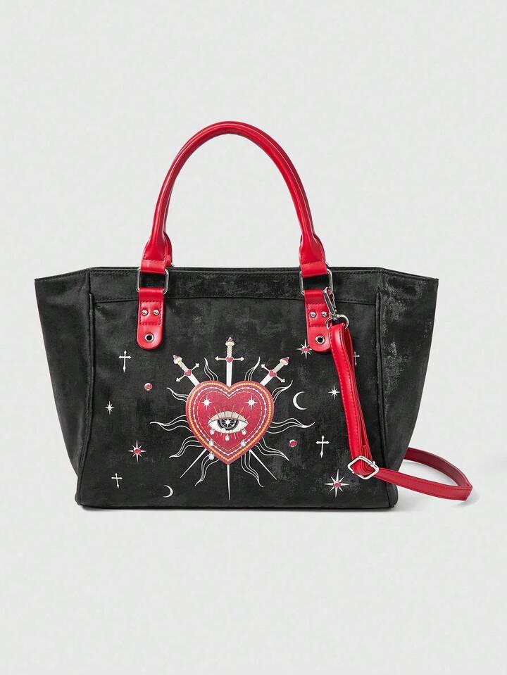 Goth Women Cartoon Figure Graphic Pink Motorcycle Bag Fitness Commuting Tote Bag Soft Leather Travel Bag Eyelet Bombshell Bag