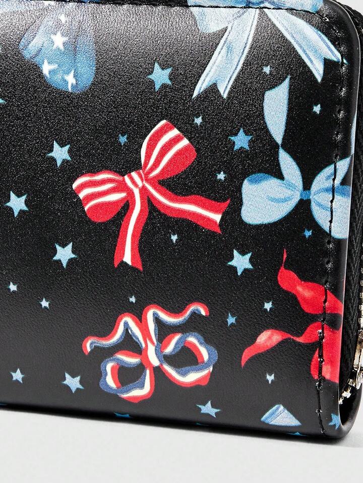 Grunge Punk 1pc Colorful Bow, Star & Striped Pattern Short Wallet, Minimalist Zipper Women Coin Purse