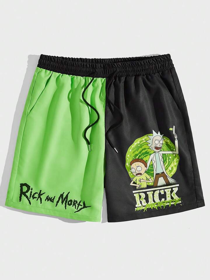 Rick and Morty | ROMWE Men Cartoon Graphic Two Tone Basketball Shorts, School