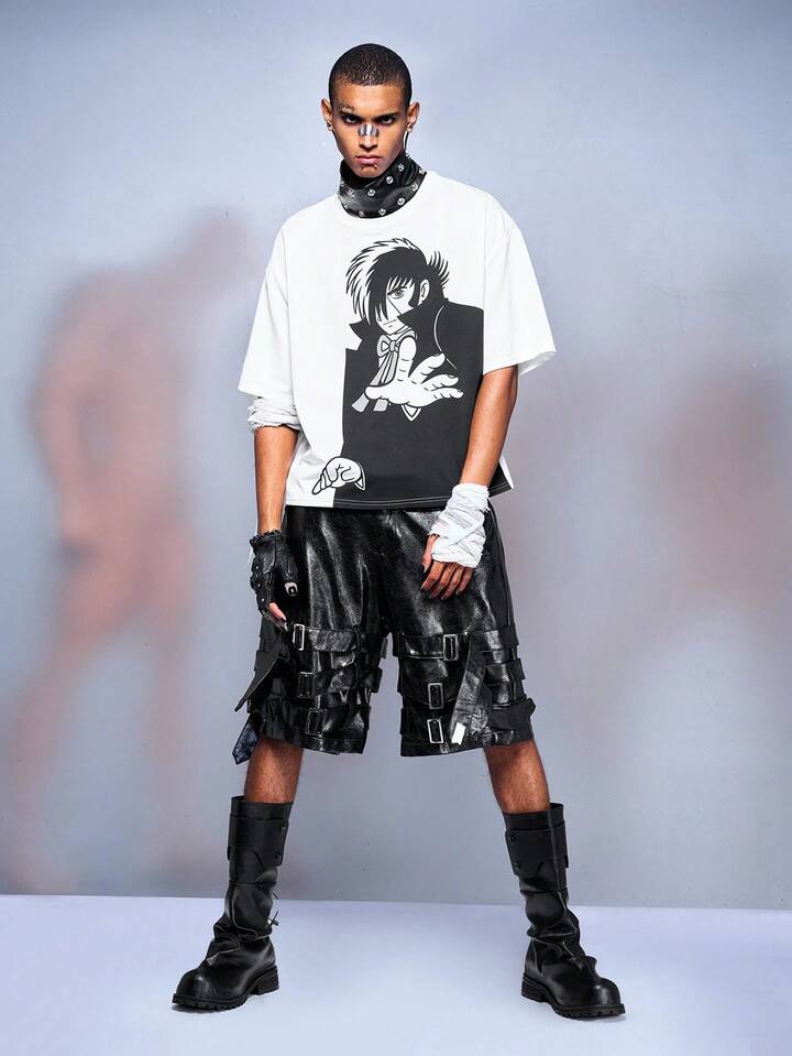 Black Jack X ROMWE Men's Casual Loose Fit Cartoon Character Print Round Neck Short Sleeve T-Shirt, Summer Fashion