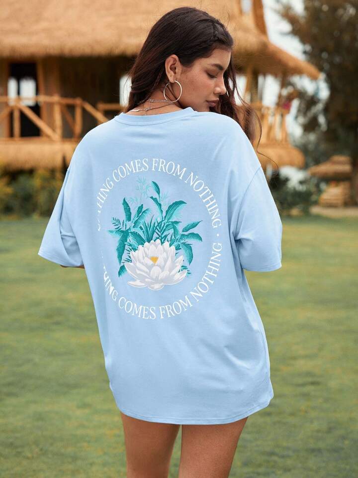 The White Lotus Casual Vacation Beach Blue Lotus Floral Print Women T-Shirt