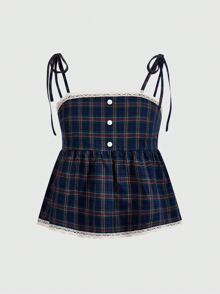 Academia Casual College Vintage Plaid Contrast Lace Cami Top, School