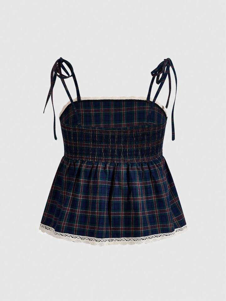 Academia Casual College Vintage Plaid Contrast Lace Cami Top, School