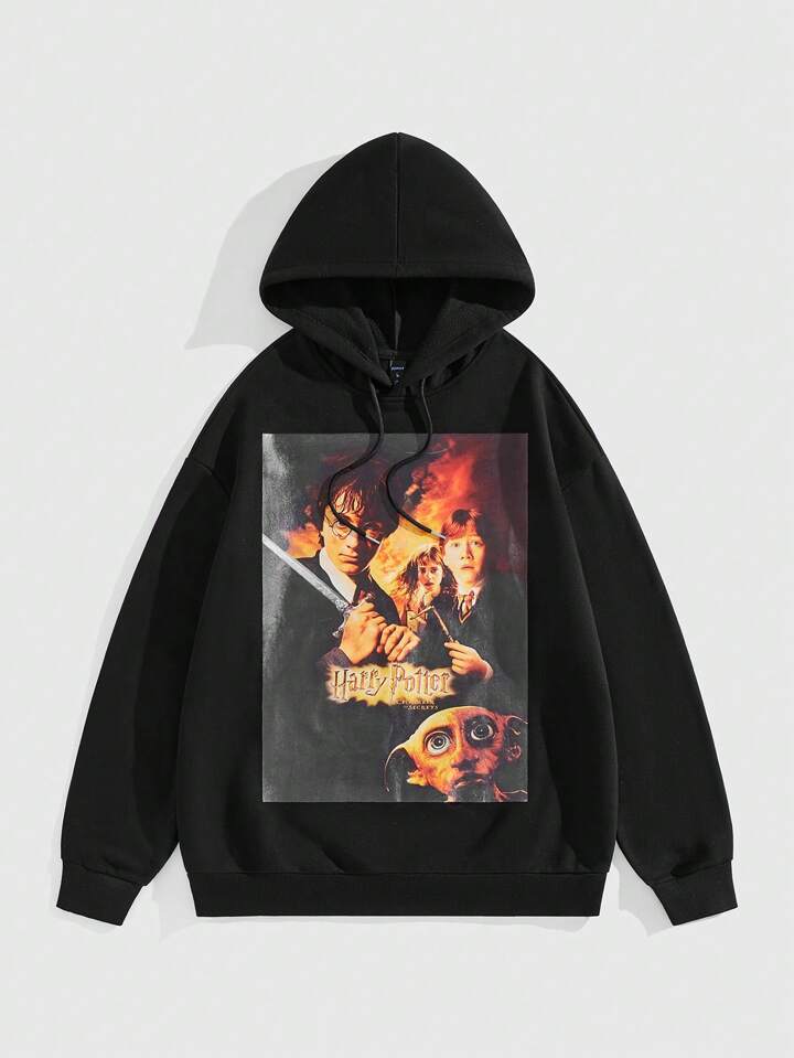 Harry Potter | ROMWE Men's Casual Loose Drawstring Hooded Sweatshirt With Character And Letter Print, Spring Autumn
