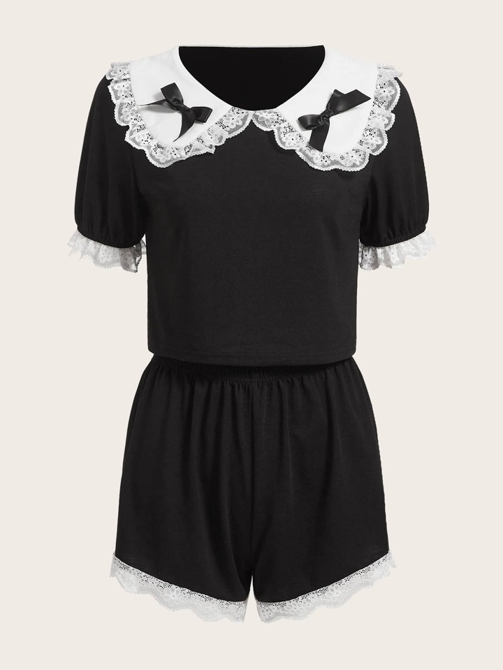Goth Contrast Lace Bow Decor PJ Set