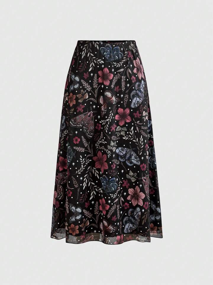 Fairycore Women's Dark Gothic Style Bat, Skull, Moon, Pumpkin Print A-Line Punk Skirt