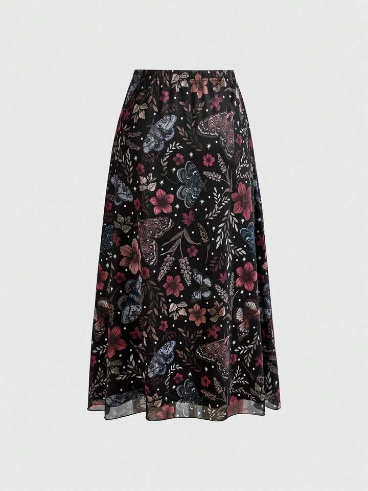 Fairycore Women's Dark Gothic Style Bat, Skull, Moon, Pumpkin Print A-Line Punk Skirt 2 Fairycore Women's Dark Gothic Style Bat, Skull, Moon, Pumpkin Print A-Line Punk Skirt