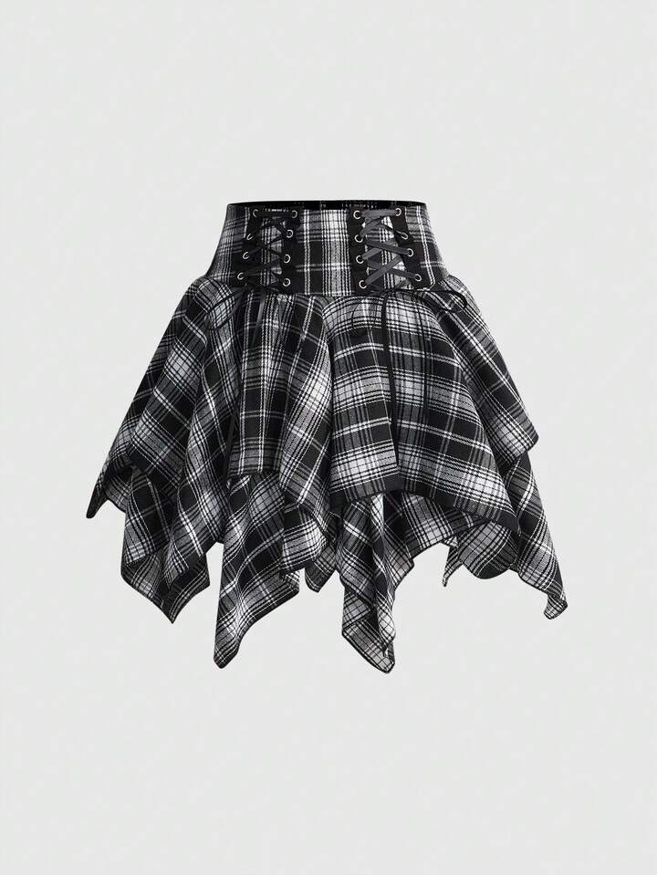 J-Fashion Punk Vacation Preppy Plaid Asymmetric Hem Eyelet Tie Bow Decor Women Mini Skirt