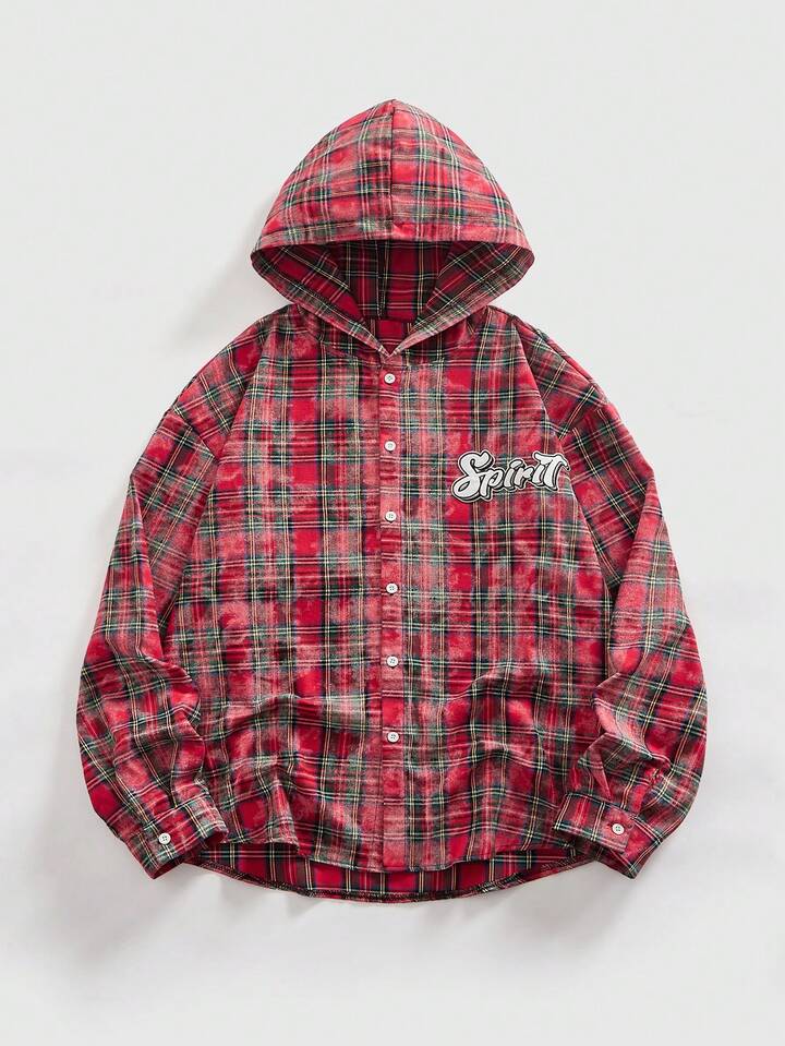 Grunge Punk Men's Drop Shoulder Long Sleeve Button Front Plaid Casual Hoodie, Versatile