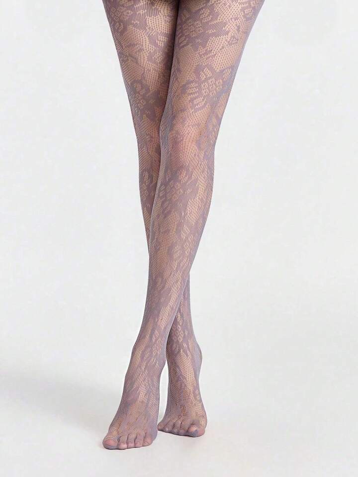 ROMWE Avant 1 Pair Sexy Floral Lace Fishnet Tights, Vintage Erotic Pink Opaque Pantyhose, Thin And Stretchy Sheer Stockings
