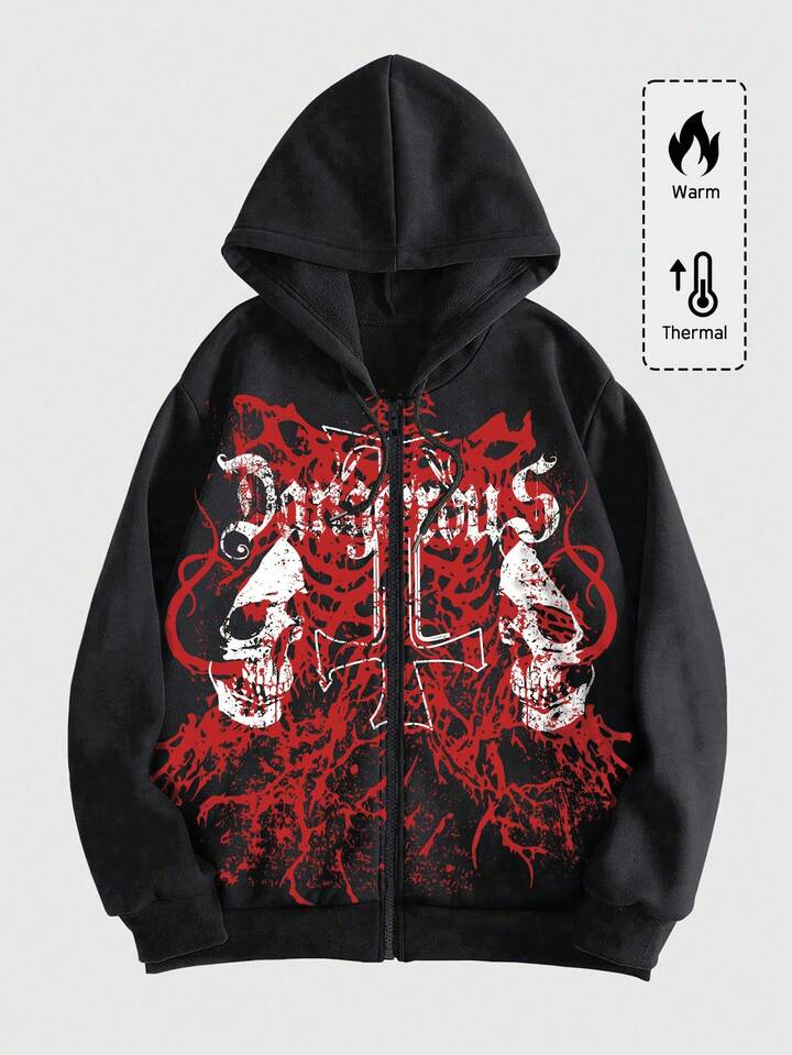 Goth Men's Letter & Skull Print Zip-Up Hooded Long Sleeve Sweatshirt