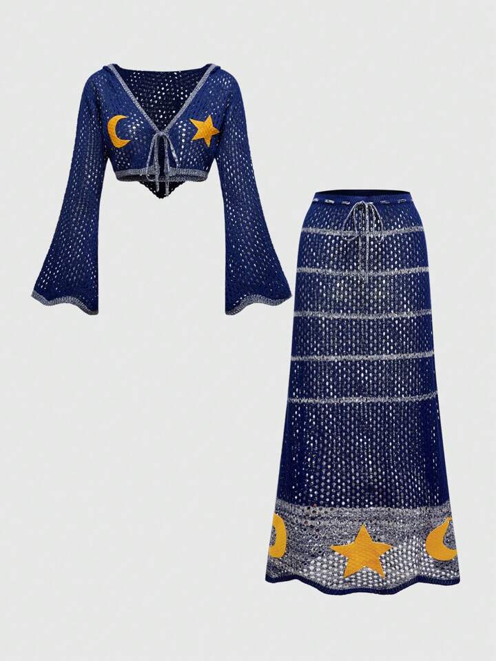 Hippie 2pcs/Set Women Star & Moon Embroidery Knit Sweater And Skirt