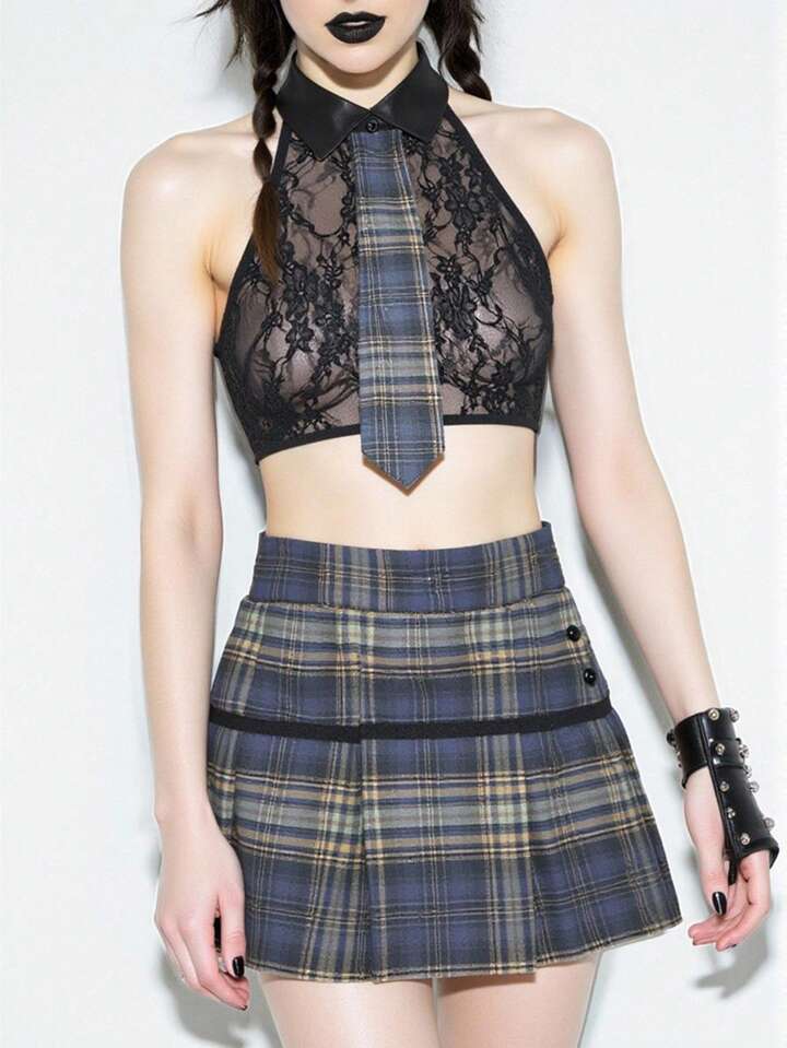 Academia Lace Plaid Necktie & Sexy Lingerie Set, Cosplay Campus Style