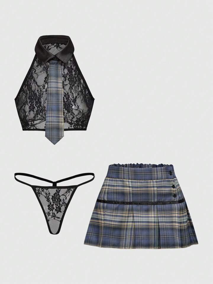 Academia Lace Plaid Necktie & Sexy Lingerie Set, Cosplay Campus Style