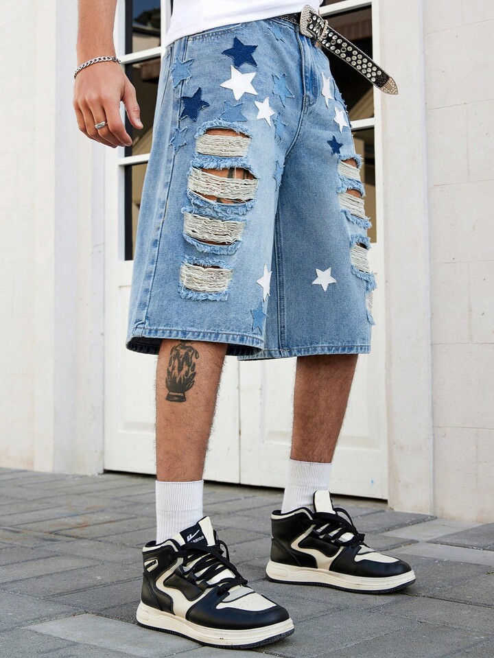 Grunge Punk Men's Anime Star Embroidered Denim Short Sleeve Shirt