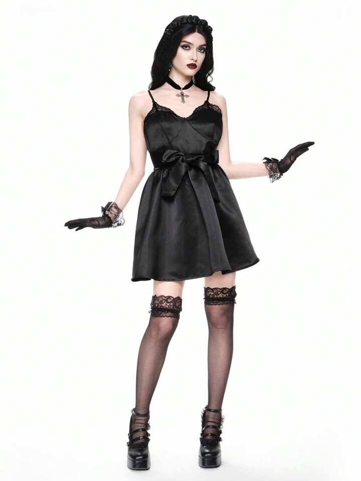Halloween Vintage Palace Style Gorgeous Romantic Gothic Satin & Contrast Lace A-Line Mini Dress