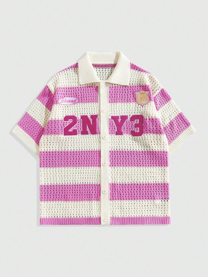 Casual Men's Preppy Loose Drop Shoulder Hollow Stripe Single-Breasted Knit Vacation Sweater