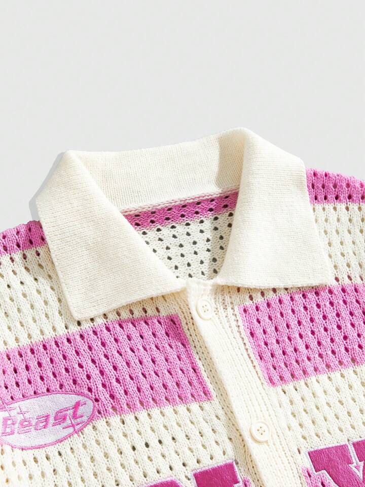 Casual Men's Preppy Loose Drop Shoulder Hollow Stripe Single-Breasted Knit Vacation Sweater