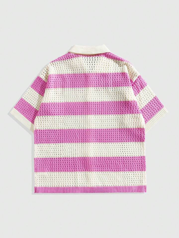 Casual Men's Preppy Loose Drop Shoulder Hollow Stripe Single-Breasted Knit Vacation Sweater