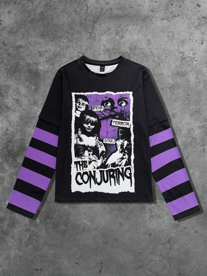 The Conjuring X ROMWE Men's Gothic Horror Mission & Letter Graphic Contrast Stripe Long Sleeve T-Shirt, Casual For Spring & Autumn