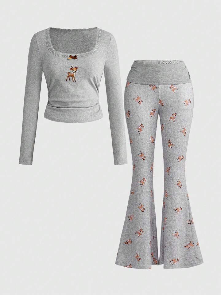 J-Fashion Cute Deer Embroidered Lace Blouse Paired With Deer Print Flare Pants, Autumn/Winter