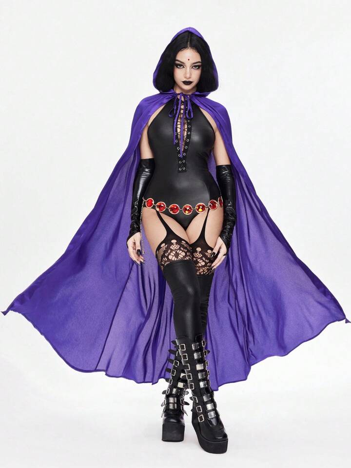 ROMWE Avant 2pcs Halloween Costume For Women - Front Tie Jumpsuit With Purple Hooded Cape