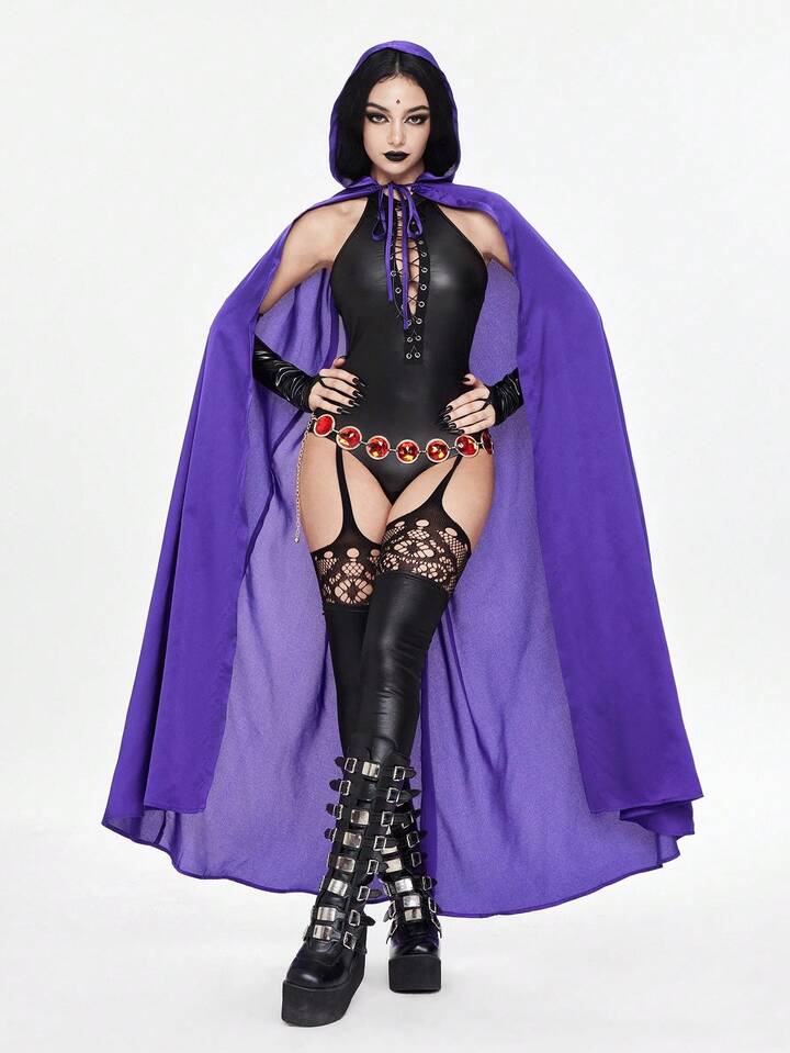 ROMWE Avant 2pcs Halloween Costume For Women - Front Tie Jumpsuit With Purple Hooded Cape